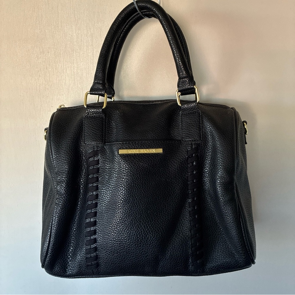 Steve Madden- Woman’s Black Faux Leather Hobo Satchel Bag w/Gold 12”L